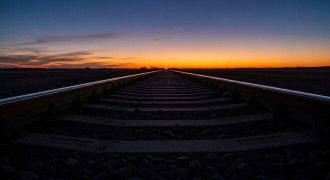 Railway tracks stretching into sunset horizon, with twilight sky and open land