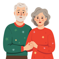 Fototapeta premium Elderly couple smiling and holding hands in festive sweaters. Elderly set
