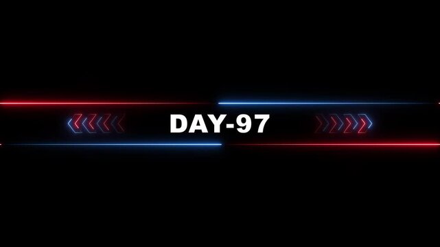 Neon Day 97 Countdown Timer Animation with Red Blue Arrows on Black Background for Technology or Event Promotion