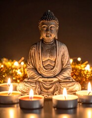 Fototapeta premium Stone statue of a seated figure with candles in front, golden tinsel backdrop