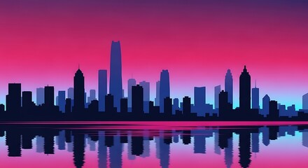 Obraz premium City skyline reflection in calm waters during vibrant sunset with pink and purple gradient