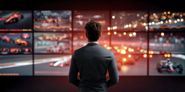 Race director monitoring multiple screens showing racing cars and track action, focused