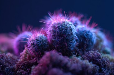 Close-up of spiky cacti with vibrant pink and blue lighting