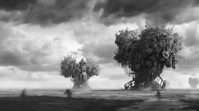 Surreal landscapes, mechanical botany, and technological arboretum with human elements under dramatic skies explore future visions