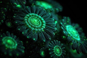 Close-up of glowing, teal-green, fractal-like, floral structures against a dark background