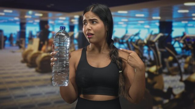 Young hispanic woman in black sports bra holds a large water bottle and points to herself in a gym; hydration confusion.