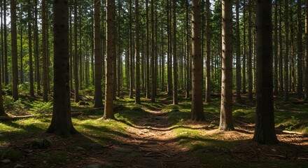 Obraz premium Sunlit path winds through dense evergreen forest, dappling the ground with light