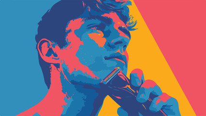 A close-up, stylized portrait of a young man shaving with an electric razor