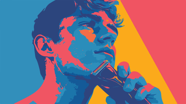 A close-up, stylized portrait of a young man shaving with an electric razor