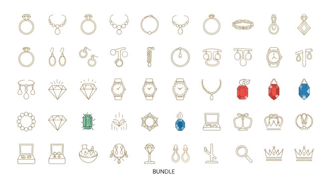 Gold Jewelry Line Art Icon Set with Gems - Rings, Necklaces & Watches