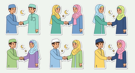 Cartoon stickers depicting various pairs of Muslim individuals, men and women, shaking hands in traditional attire, symbolizing greetings and unity, possibly for Eid celebrations.