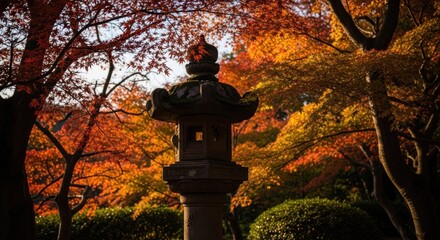 Stone lantern in a Japanese garden, surrounded by fiery autumn foliage, light and shadow
