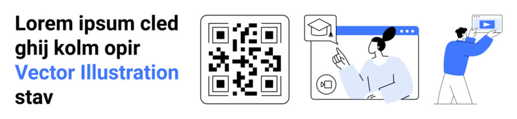 QR code beside individuals interacting with digital tools and learning platforms. Ideal for technology, online education, communication, innovation, marketing, app design, simple landing page
