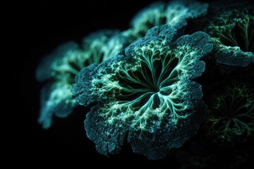 Close-up view of delicate, teal-colored, fractal-like formations against a black background