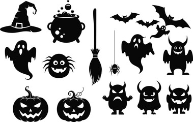 Obraz premium Halloween spooky silhouettes collection with witch hat, cauldron, ghosts, bats, monsters, pumpkins, spider, and broom, festive horror illustration set
