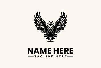 Obraz premium A black and white illustration of an eagle with outstretched wings, forming a logo above the text 'NAME HERE' and 'TAGLINE HERE' on a light gray background, with a vector style and iconic
