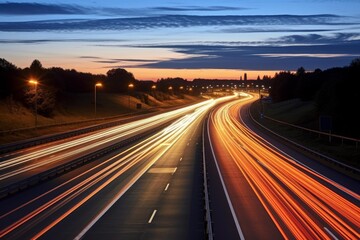 Highway showing traffic light trails during blue hour conveying movement and speed