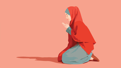 Woman in red hijab kneeling and praying with hands together on a plain pink background