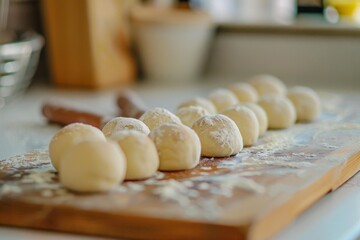 Fototapeta premium Small balls of raw dough are resting on a wooden cutting board, dusted with flour, ready for baking