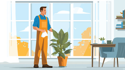 Man in orange overalls cleans a plant's leaves next to a large window