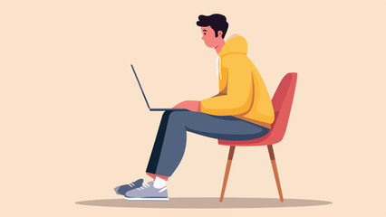 Stylized cartoon of a person in a yellow hoodie working on a laptop while sitting in a red chair