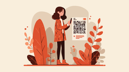 Minimalist illustration of person using phone with QR code amongst abstract plant shapes