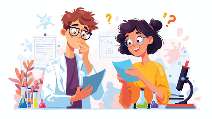 Two students ponder scientific data with a microscope and colorful lab equipment