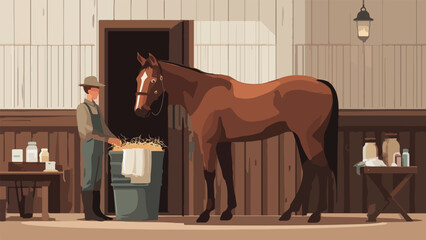 Man in hat and overalls feeds hay to a horse in a rustic stable