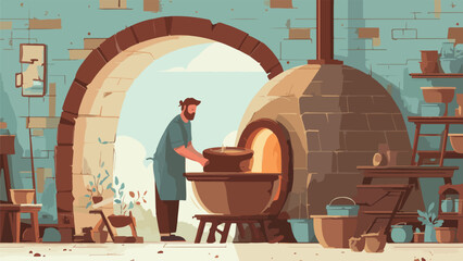 A man in an apron uses a kiln in a rustic pottery studio