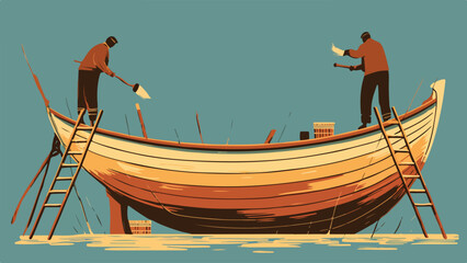 Two figures are standing on ladders, working on a wooden boat