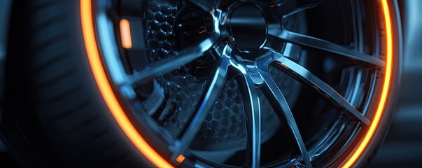 Close-up of a futuristic automobile wheel with neon orange rim light and metallic spokes