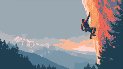 A solitary climber scales a sheer rock face against a backdrop of majestic, snow-capped mountains