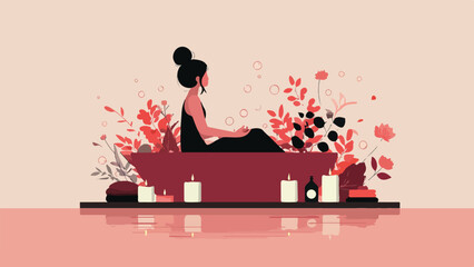 A serene figure bathes amidst botanical elements and lit candles, creating a tranquil spa-like atmosphere