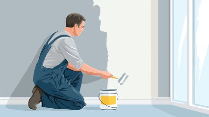 Man in overalls painting a wall with a roller, with a can of paint nearby