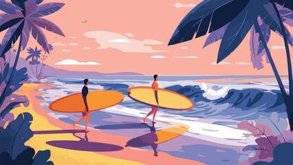 Two surfers walk along a vibrant, tropical beach at sunset with palm trees and waves