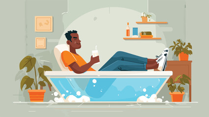 Man relaxing in a bubble bath with a drink and plants