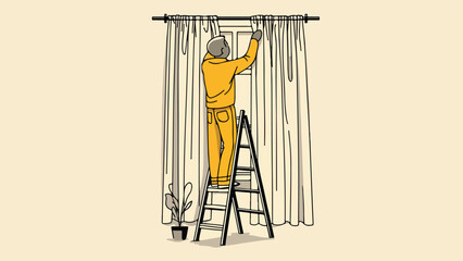 Person in yellow outfit on ladder adjusts curtains
