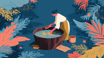 Woman tending to a rustic wooden tub filled with liquid and floating items outdoors