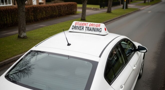 White car with a "Student Driver" sign on roof, driving down a suburban street