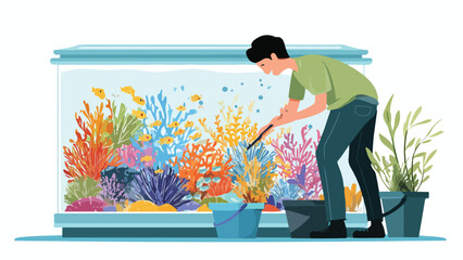 A person tends to a vibrant, colorful freshwater aquarium filled with fish and coral