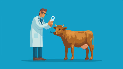 A veterinarian in a lab coat examines a cow with a medical device
