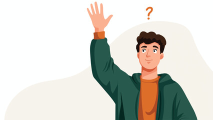 A young person raises a hand with a question mark above their head, looking up