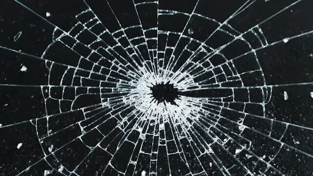 Shattering glass with a radial crack pattern on a black background
