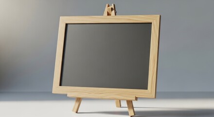 Wooden easel displaying a blank chalkboard, lit from a side source, against a neutral backdrop
