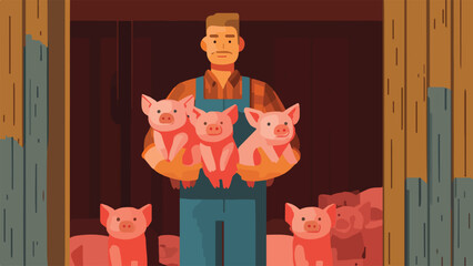Farmer holding piglets in a barn with other pigs visible