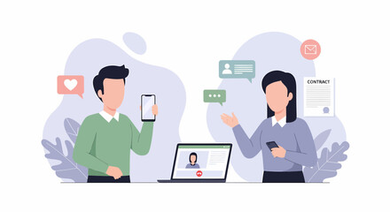 Two people interacting with digital devices and social media icons.