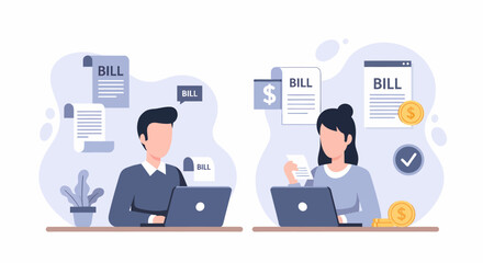 Two people reviewing bills and managing finances on laptops at their desks.