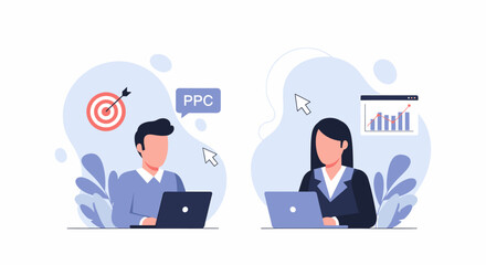 Two people working on laptops with business and marketing icons.