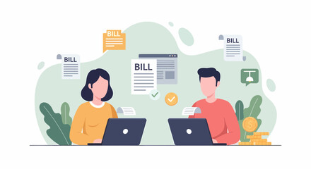 Two people working on laptops with bills and financial documents surrounding them.