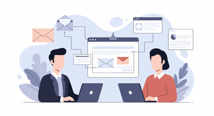 Two people working on laptops with email and communication interfaces.